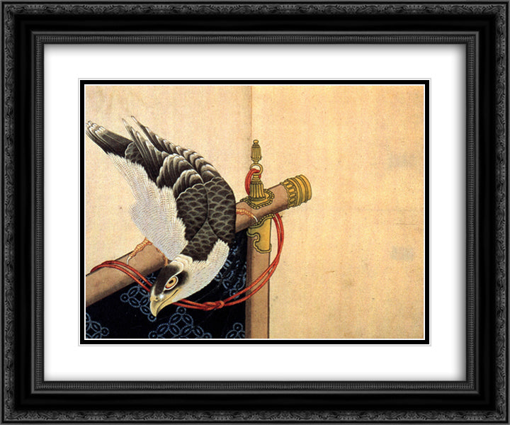 Hawk on a ceremonial stand 24x20 Black Ornate Wood Framed Art Print Poster with Double Matting by Hokusai, Katsushika