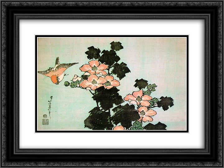 Hibiscus and Sparrow 24x18 Black Ornate Wood Framed Art Print Poster with Double Matting by Hokusai, Katsushika