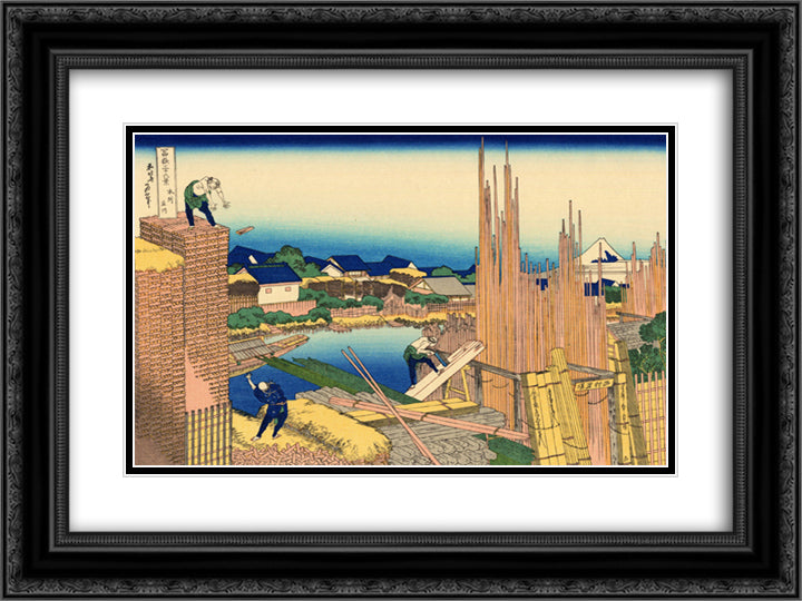 Honjo Tatekawa, the timberyard at Honjo 24x18 Black Ornate Wood Framed Art Print Poster with Double Matting by Hokusai, Katsushika