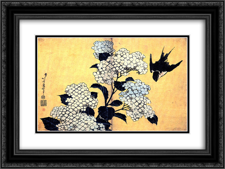 Hydrangea and Swallow 24x18 Black Ornate Wood Framed Art Print Poster with Double Matting by Hokusai, Katsushika