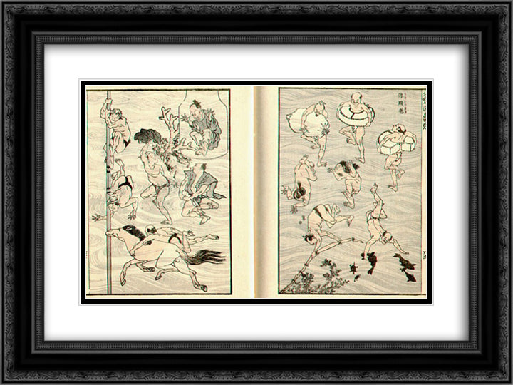 Images of Bathers (Bathing People) 24x18 Black Ornate Wood Framed Art Print Poster with Double Matting by Hokusai, Katsushika