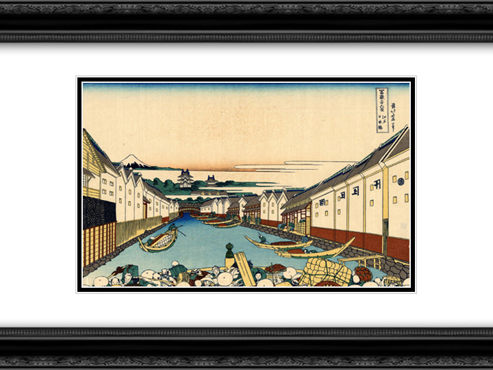 Nihonbashi bridge in Edo 24x18 Black Ornate Wood Framed Art Print Poster with Double Matting by Hokusai, Katsushika