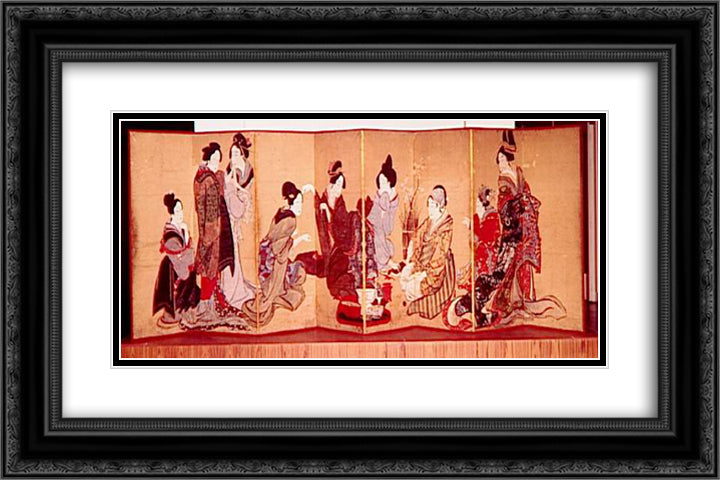 Nine women playing the game of fox 24x16 Black Ornate Wood Framed Art Print Poster with Double Matting by Hokusai, Katsushika