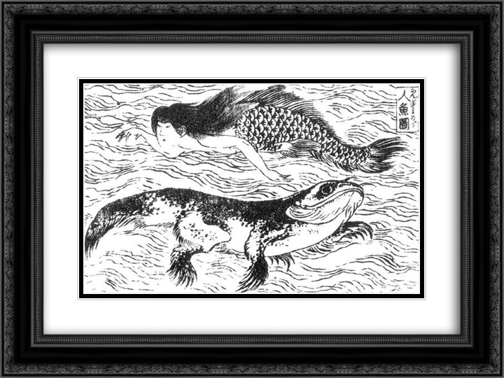 Ningyo 24x18 Black Ornate Wood Framed Art Print Poster with Double Matting by Hokusai, Katsushika