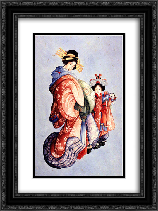Oiran and Kamuro 18x24 Black Ornate Wood Framed Art Print Poster with Double Matting by Hokusai, Katsushika
