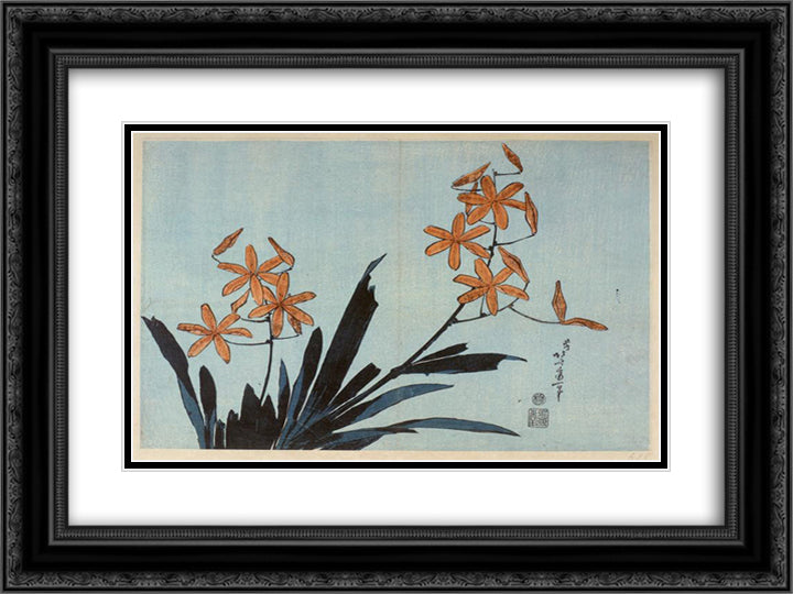 Orange orchids 24x18 Black Ornate Wood Framed Art Print Poster with Double Matting by Hokusai, Katsushika