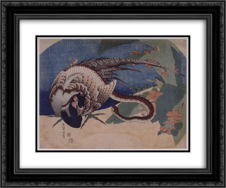 Pheasant and Snake 24x20 Black Ornate Wood Framed Art Print Poster with Double Matting by Hokusai, Katsushika