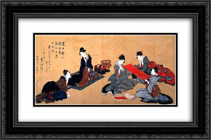Portrait of Chino Hyogo seated at his writing desk 24x16 Black Ornate Wood Framed Art Print Poster with Double Matting by Hokusai, Katsushika