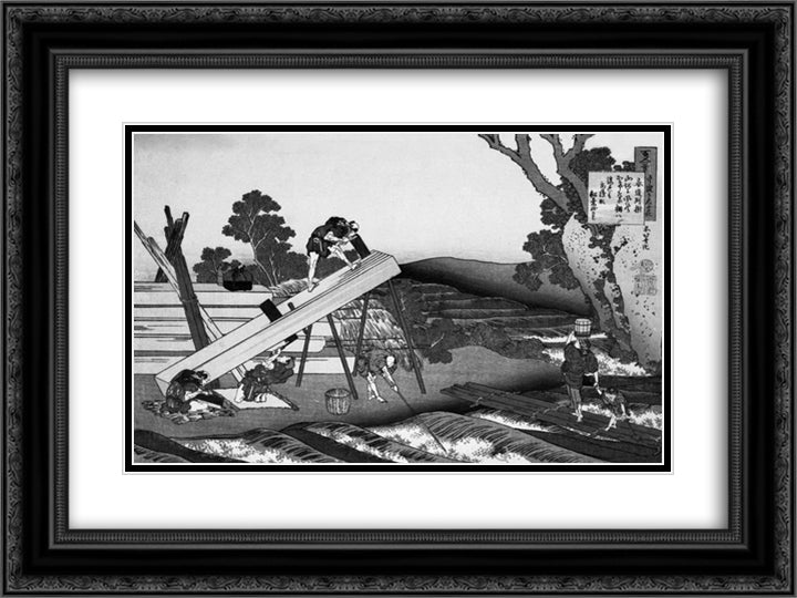 Sawyers Cutting a Log 24x18 Black Ornate Wood Framed Art Print Poster with Double Matting by Hokusai, Katsushika