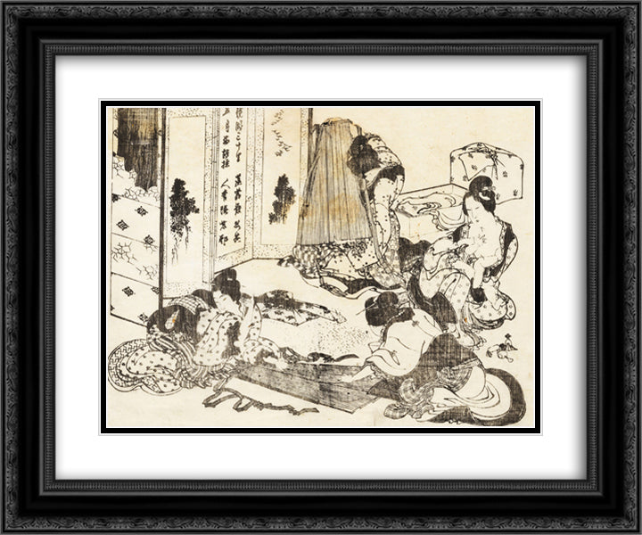 Scene of housekeeping. Four women are working 24x20 Black Ornate Wood Framed Art Print Poster with Double Matting by Hokusai, Katsushika
