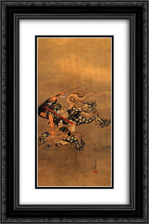 Shoki riding a shishi lion 16x24 Black Ornate Wood Framed Art Print Poster with Double Matting by Hokusai, Katsushika