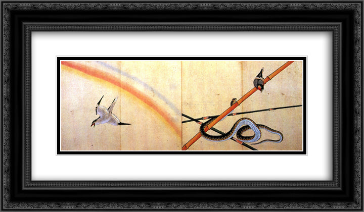 Snake curling around a bamboo stalk with a sparrow on it 24x14 Black Ornate Wood Framed Art Print Poster with Double Matting by Hokusai, Katsushika