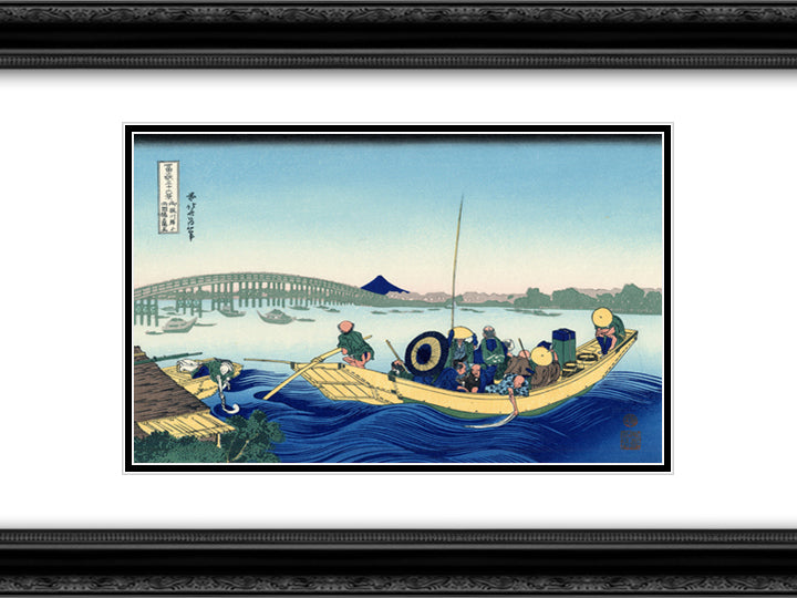 Sunset across the Ryogoku bridge from the bank of the Sumida river at Onmagayashi 24x18 Black Ornate Wood Framed Art Print Poster with Double Matting by Hokusai, Katsushika