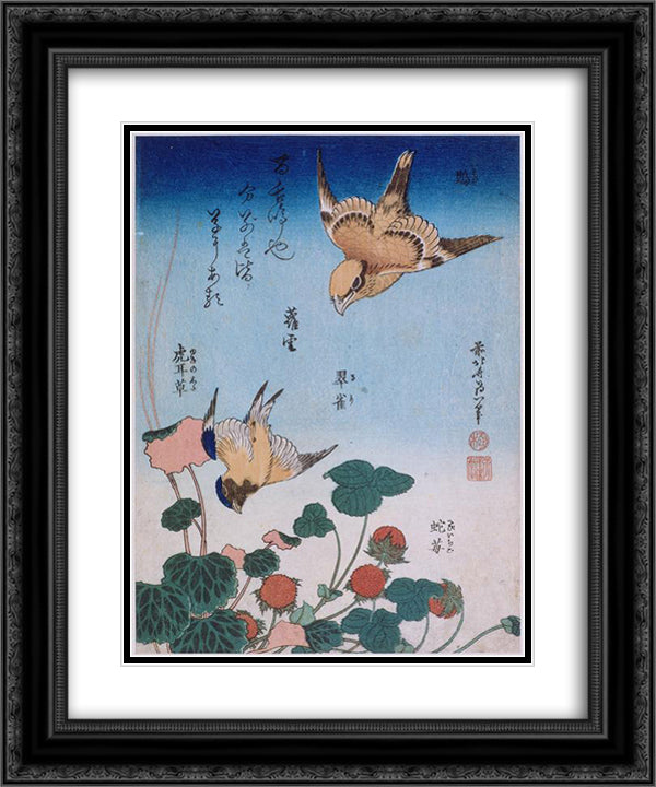 Swallow and begonia and strawberry pie 20x24 Black Ornate Wood Framed Art Print Poster with Double Matting by Hokusai, Katsushika