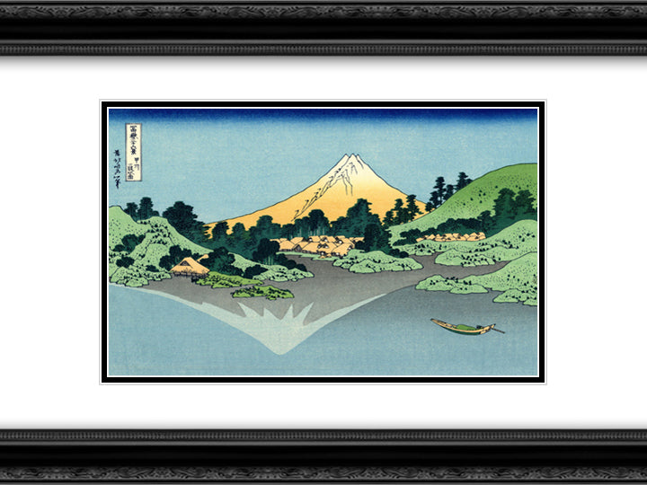 The Fuji reflects in Lake Kawaguchi, seen from the Misaka pass in the Kai province 24x18 Black Ornate Wood Framed Art Print Poster with Double Matting by Hokusai, Katsushika