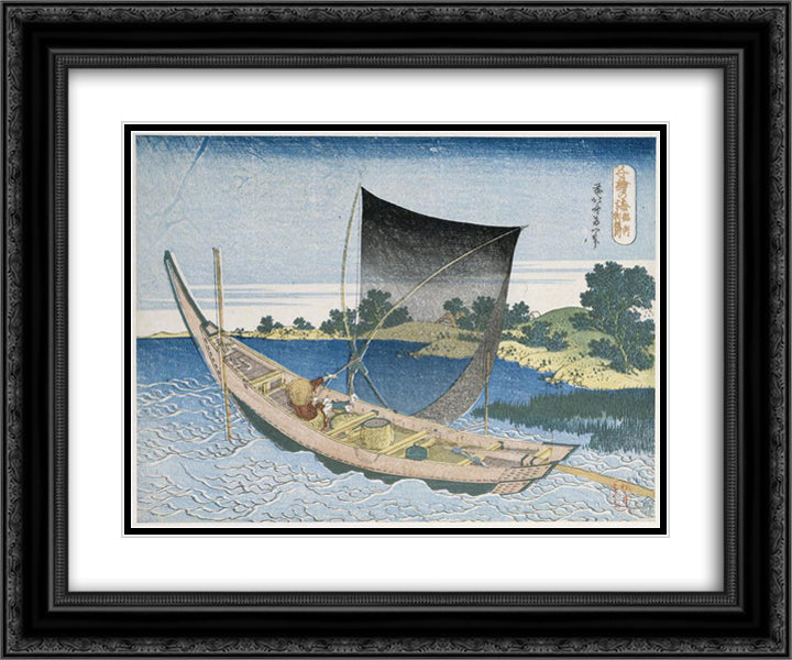 The river Tone in the Province of Kazusa 24x20 Black Ornate Wood Framed Art Print Poster with Double Matting by Hokusai, Katsushika
