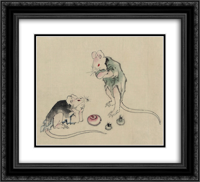 Two mice, one lying on the ground with head resting on forepaws 22x20 Black Ornate Wood Framed Art Print Poster with Double Matting by Hokusai, Katsushika
