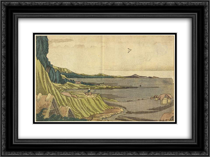 View of the beach at low tide Noboto from the coast to Gyotoku 24x18 Black Ornate Wood Framed Art Print Poster with Double Matting by Hokusai, Katsushika