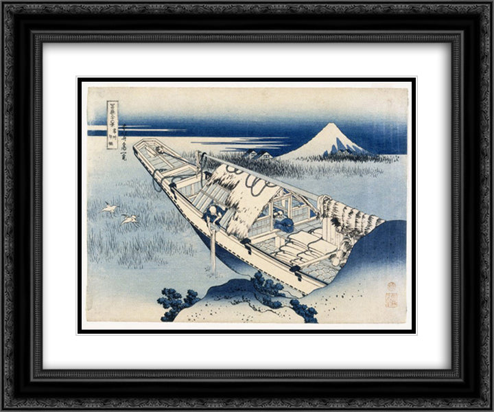 View of Fuji from a Boat at Ushibori 24x20 Black Ornate Wood Framed Art Print Poster with Double Matting by Hokusai, Katsushika