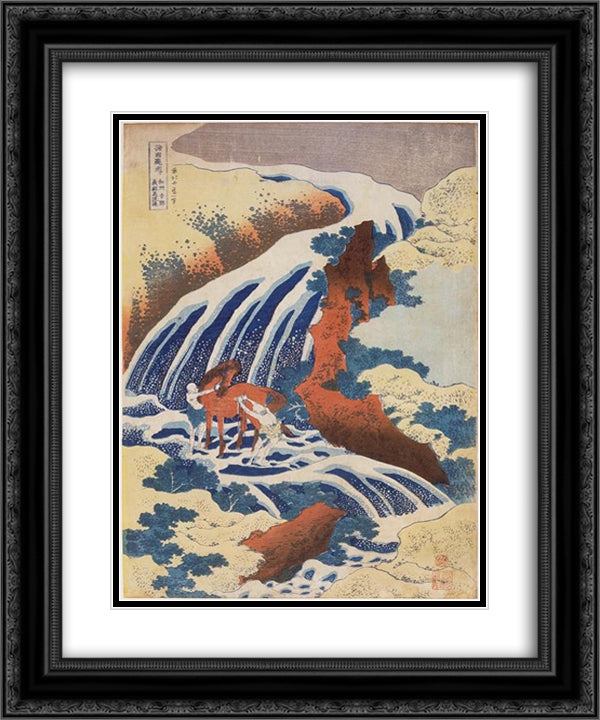 Waterfall Yoshino in Yamato province where Yoshitne washed his horse 20x24 Black Ornate Wood Framed Art Print Poster with Double Matting by Hokusai, Katsushika