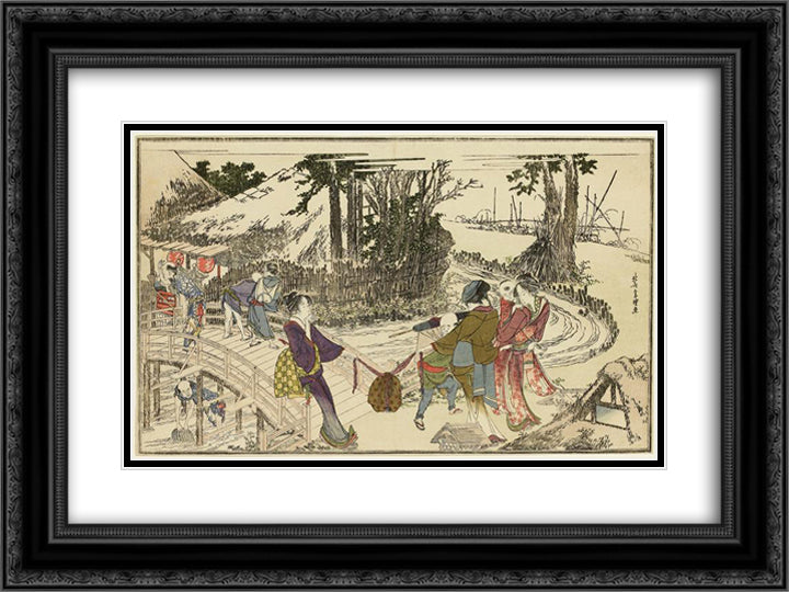 Women walking in a garden 24x18 Black Ornate Wood Framed Art Print Poster with Double Matting by Hokusai, Katsushika