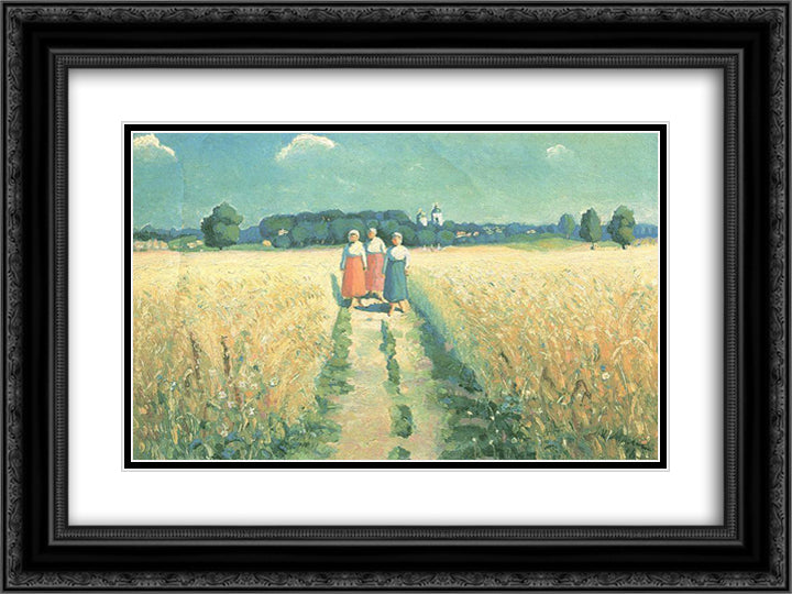 Three women on the road 24x18 Black Ornate Wood Framed Art Print Poster with Double Matting by Malevich, Kazimir