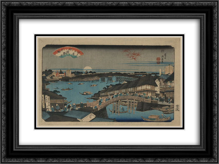 Evening glow at Ryogoku Bridge 24x18 Black Ornate Wood Framed Art Print Poster with Double Matting by Eisen, Keisai