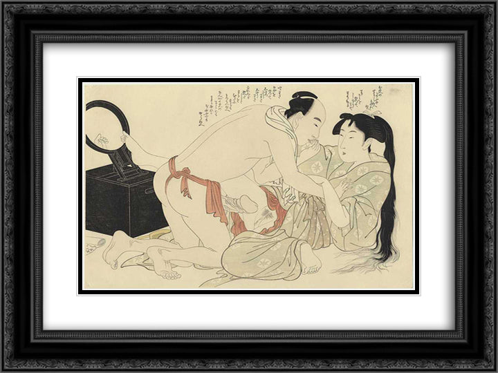 A man interrupts woman combing her long hair 24x18 Black Ornate Wood Framed Art Print Poster with Double Matting by Utamaro, Kitagawa