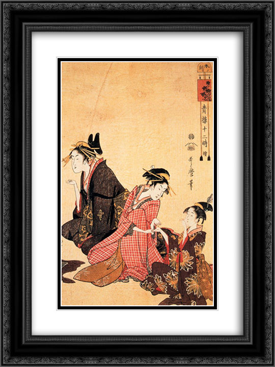 A scene on the bridge and beld 18x24 Black Ornate Wood Framed Art Print Poster with Double Matting by Utamaro, Kitagawa
