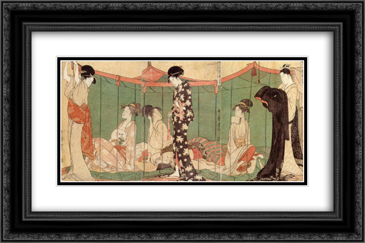 All night under mosquito net 24x16 Black Ornate Wood Framed Art Print Poster with Double Matting by Utamaro, Kitagawa