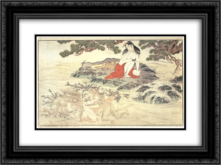 Awabi divers 24x18 Black Ornate Wood Framed Art Print Poster with Double Matting by Utamaro, Kitagawa