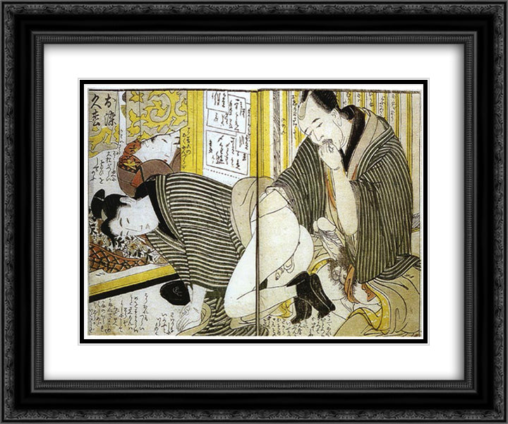 Client Lubricating a Prostitute 24x20 Black Ornate Wood Framed Art Print Poster with Double Matting by Utamaro, Kitagawa