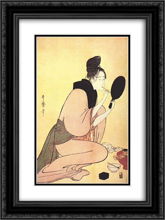 Courtesan applying lip rouge 18x24 Black Ornate Wood Framed Art Print Poster with Double Matting by Utamaro, Kitagawa