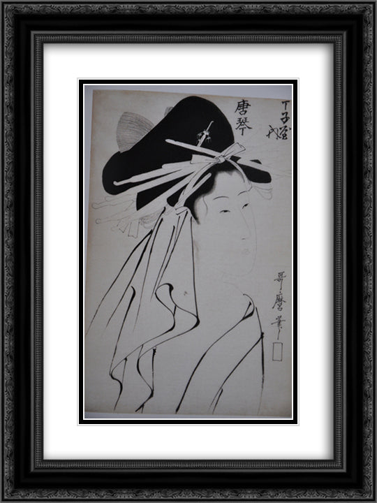 Courtesan Karakot 18x24 Black Ornate Wood Framed Art Print Poster with Double Matting by Utamaro, Kitagawa