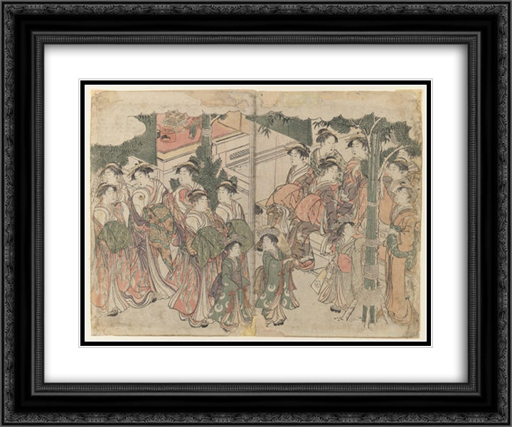 Courtesan`s Entourage at New Year`s Festival 24x20 Black Ornate Wood Framed Art Print Poster with Double Matting by Utamaro, Kitagawa