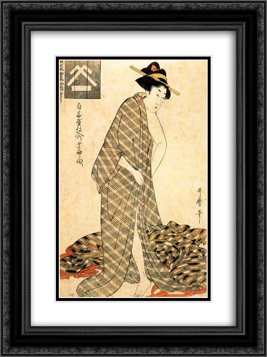 Reigning Beauty Hanozuma 18x24 Black Ornate Wood Framed Art Print Poster with Double Matting by Utamaro, Kitagawa
