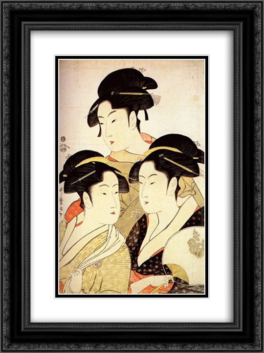 Three Beauties of the Present Day 18x24 Black Ornate Wood Framed Art Print Poster with Double Matting by Utamaro, Kitagawa