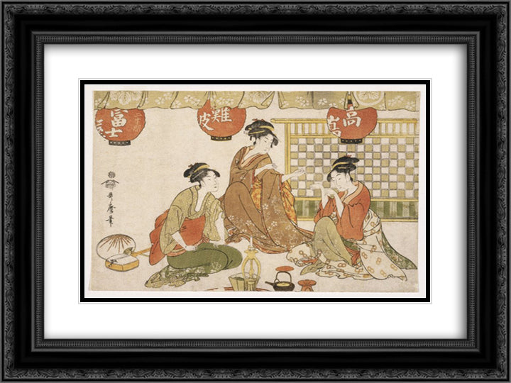 Three Seated Ladies with Lanterns 24x18 Black Ornate Wood Framed Art Print Poster with Double Matting by Utamaro, Kitagawa