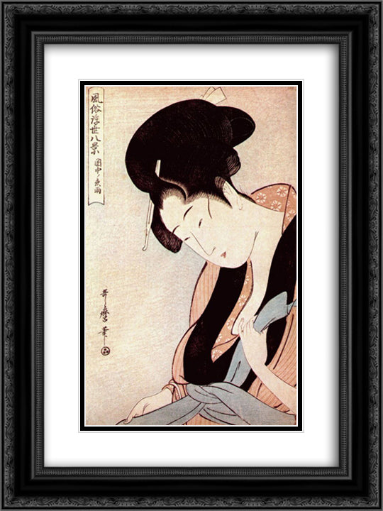 Woman in bedroom on rainy night 18x24 Black Ornate Wood Framed Art Print Poster with Double Matting by Utamaro, Kitagawa