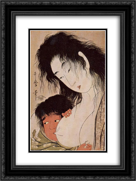 Yama uba and Kintaro with a Wine Cup 18x24 Black Ornate Wood Framed Art Print Poster with Double Matting by Utamaro, Kitagawa
