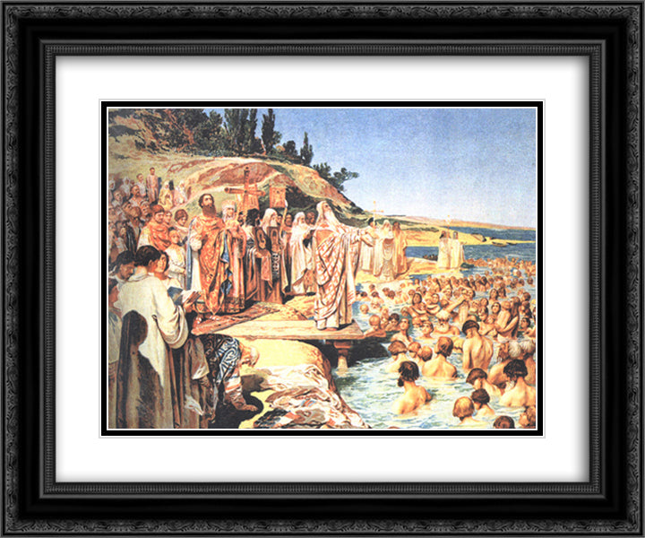 The Baptism of Kievans 24x20 Black Ornate Wood Framed Art Print Poster with Double Matting by Lebedev, Klavdy