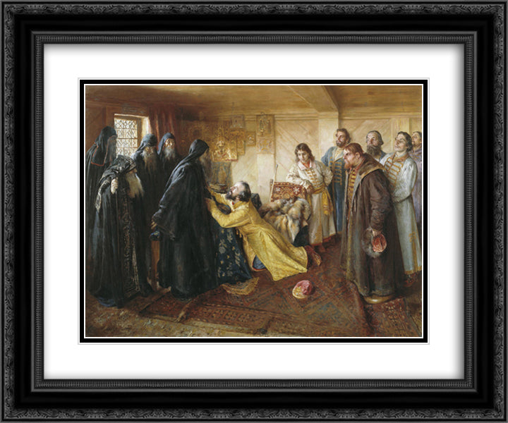Tzar Ivan the Terrible asks Abbot Cornelius to mow him to the monks 24x20 Black Ornate Wood Framed Art Print Poster with Double Matting by Lebedev, Klavdy