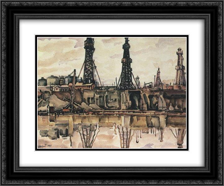 Baku. Oil rigs. 24x20 Black Ornate Wood Framed Art Print Poster with Double Matting by Bogaevsky, Konstantin