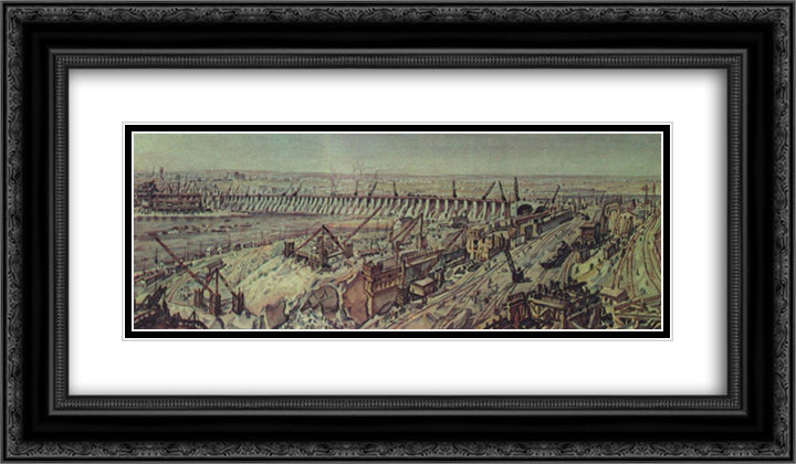 Panorama of construction of Dnieper Hydroelectric Station 24x14 Black Ornate Wood Framed Art Print Poster with Double Matting by Bogaevsky, Konstantin