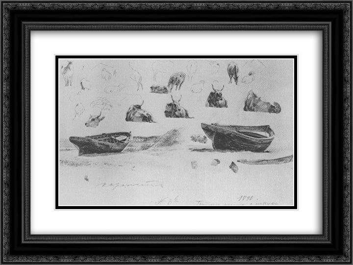 Study of boats and cows 24x18 Black Ornate Wood Framed Art Print Poster with Double Matting by Bogaevsky, Konstantin
