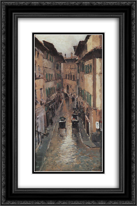 A Florence Street in the Rain 16x24 Black Ornate Wood Framed Art Print Poster with Double Matting by Korovin, Konstantin