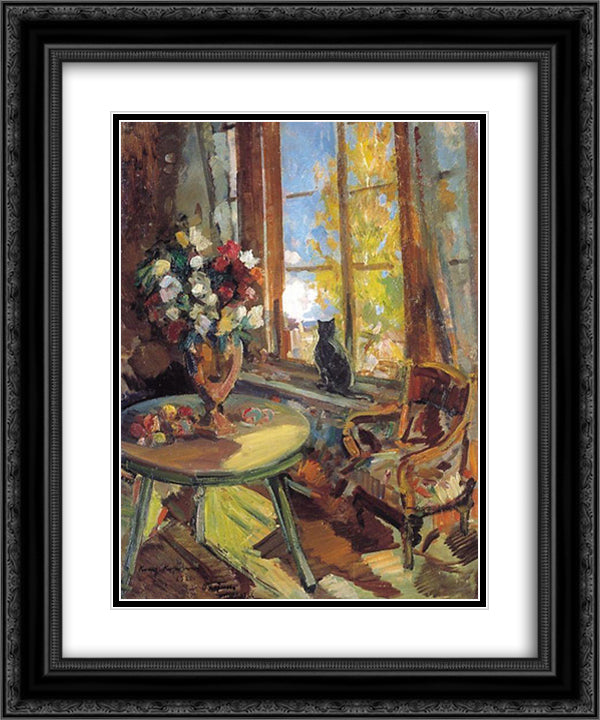 Black cat on a windowsill 20x24 Black Ornate Wood Framed Art Print Poster with Double Matting by Korovin, Konstantin