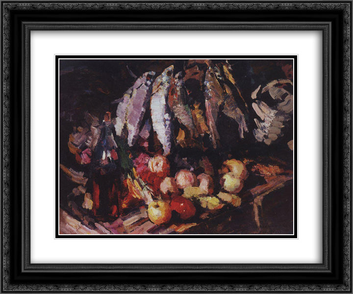 Fish, Wine and Fruit 24x20 Black Ornate Wood Framed Art Print Poster with Double Matting by Korovin, Konstantin