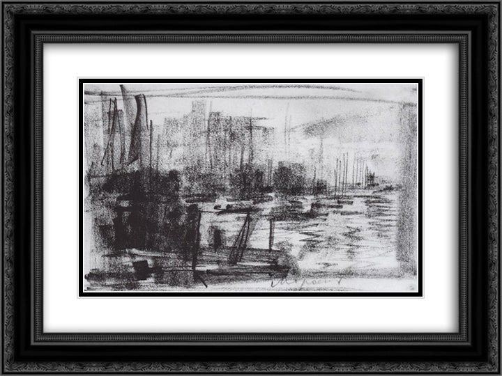 Harbour at Marseilles 24x18 Black Ornate Wood Framed Art Print Poster with Double Matting by Korovin, Konstantin