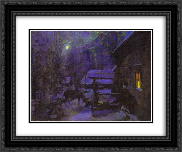 Moonlit Night. Winter 24x20 Black Ornate Wood Framed Art Print Poster with Double Matting by Korovin, Konstantin
